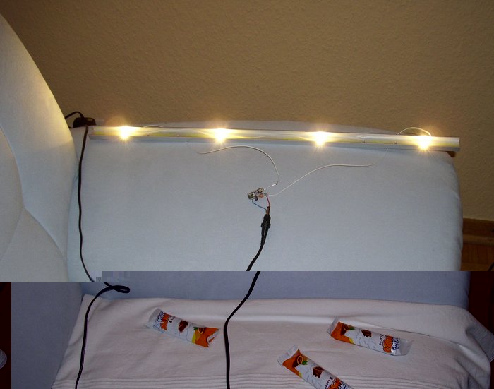 DSCI0041_cut.jpg (487.24 KiB) 20769 mal betrachtet LED-Leiste testweise auf dem Sofa, mit den Schoko-Riegeln habe ich 3 der 4 LEDs über eine Stunde lang abgedeckt --- sie sind nicht geschmolzen, nichtmal weich geworden, das Alu-U-profil erreicht nichtmal Körpertemperatur (350 mA durch die LEDs, alle 20 cm eine LED, U-Profil 20mm breit, Kanten 10 mm, Stärke 2 mm